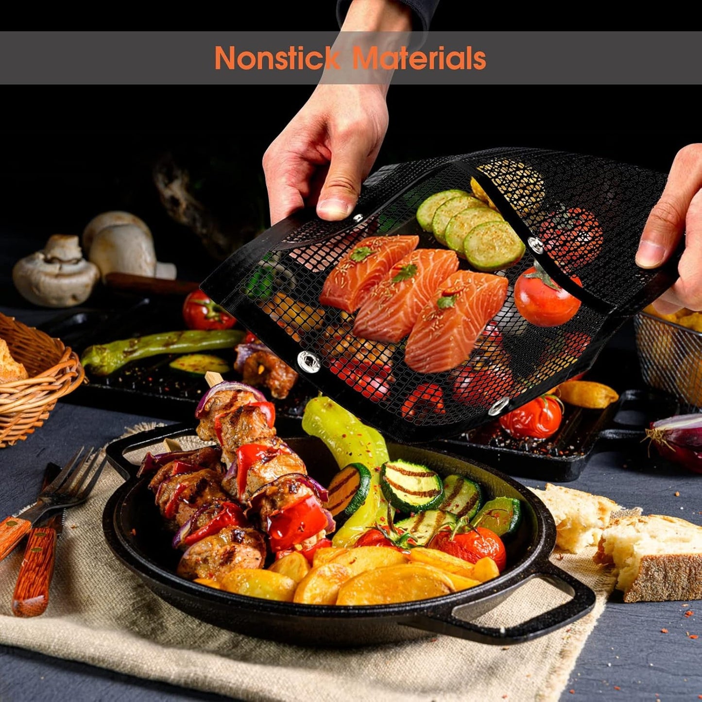 Reusable Non-Stick BBQ Mesh Grilling Bags with Snap Closures - Heat Resistant Outdoor Barbecue Accessories