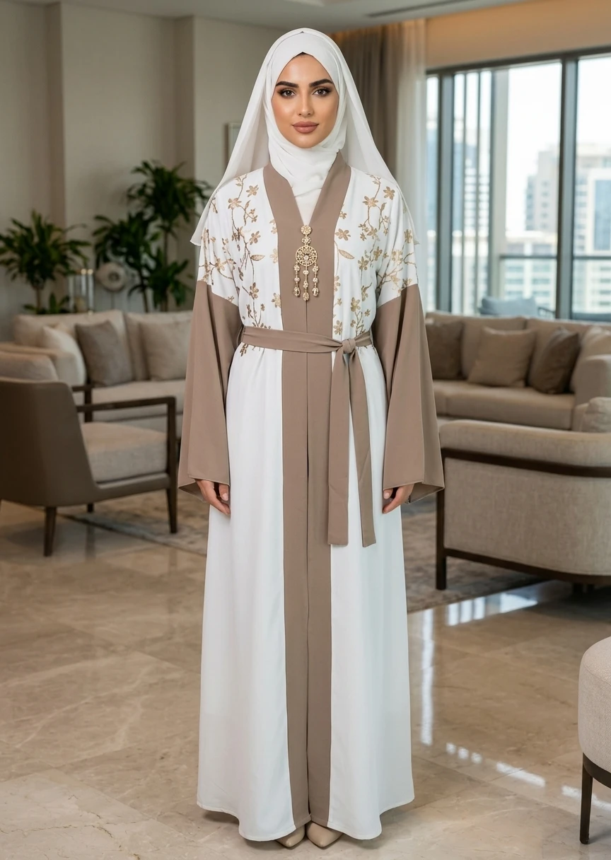 Ivory Taupe Floral Belted Open Front Maxi Abaya for Women in Elegant Dubai Style