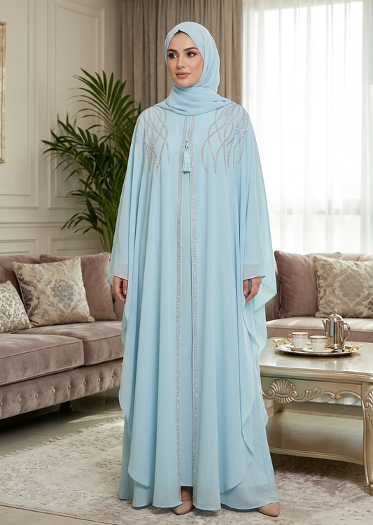 Sky Blue Crystal Embellished Kaftan Dubai Style Abaya for Women