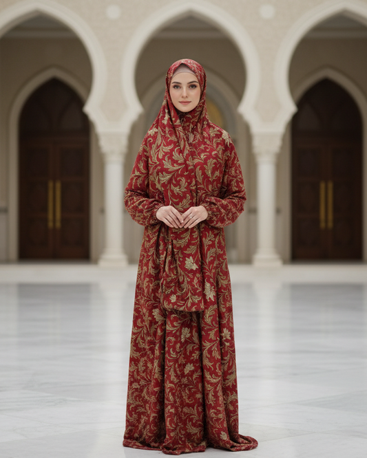 Red Gold Floral Prayer Dress with Hijab for Elegant Islamic Wear
