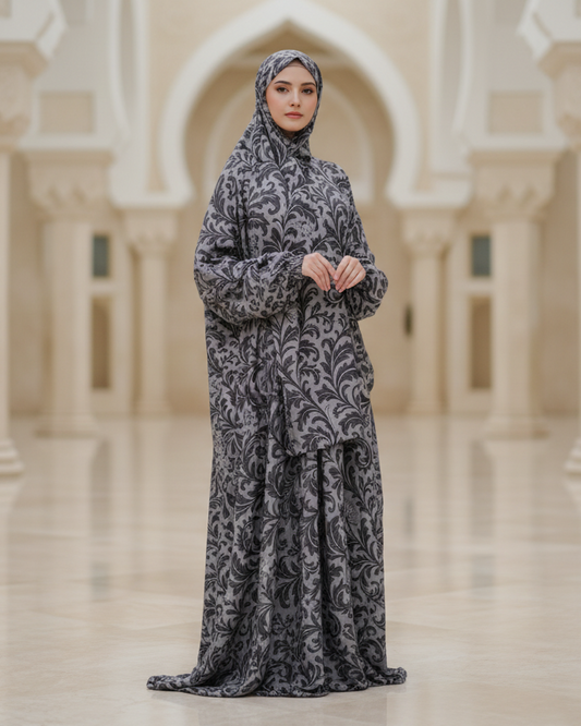 Grey Floral Prayer Dress with Hijab for Modest Muslim Worship Wear