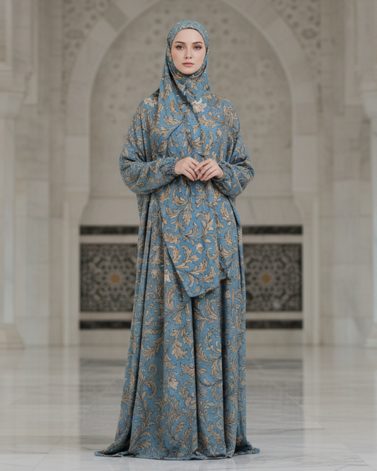 Blue Gold Floral Prayer Dress with Hijab for Full Coverage Modesty