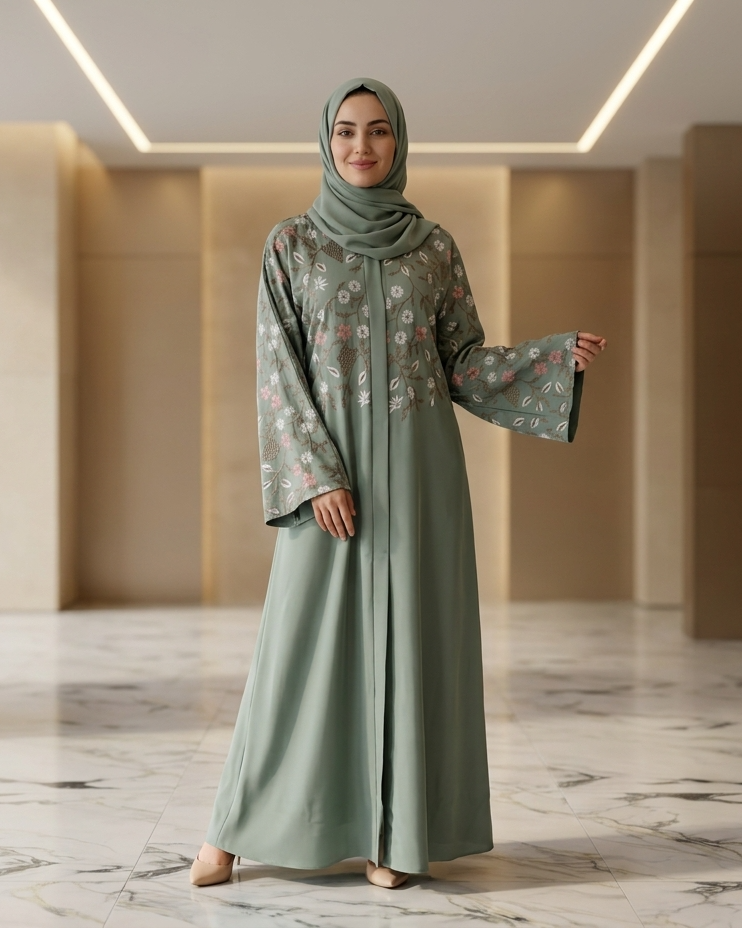 Aluminium Green Abaya - Luxury Dubai Everyday Wear