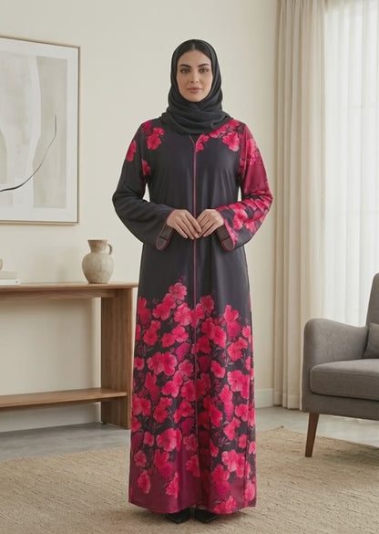 Floral Print Premium Tiktalk Abaya with Matching Sheila – Charcoal & Pink