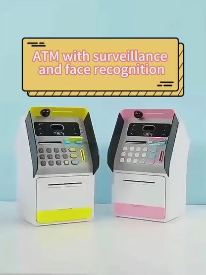 Interactive Electronic ATM Piggy Bank for Kids - Simulated Face Recognition & Automatic Money Scroll Safe (Pink/White)