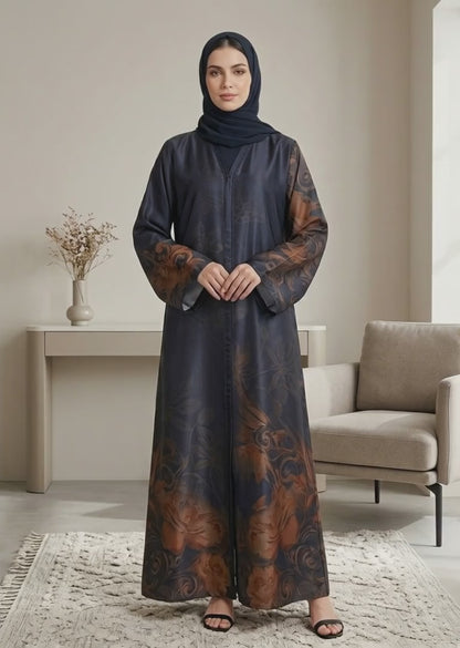 Elegant Floral Print Front-Open Abaya with Matching Sheila – Dark Navy & Bronze